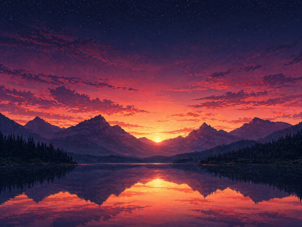 Alpine lake at sunset, mountains reflected in still water